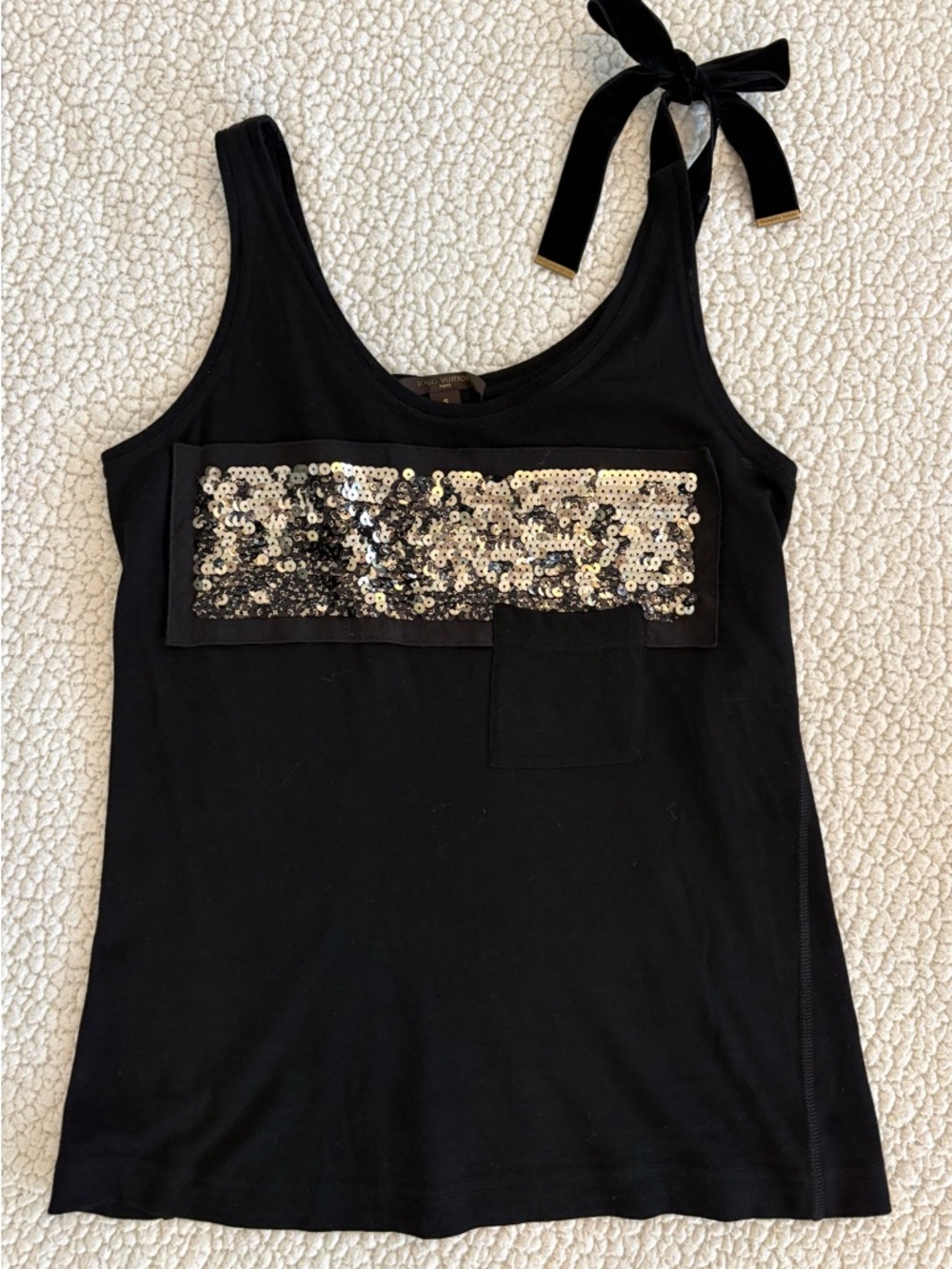 Louis Vuitton Black Tank with Gold Sequin Bar and Velvet Tie